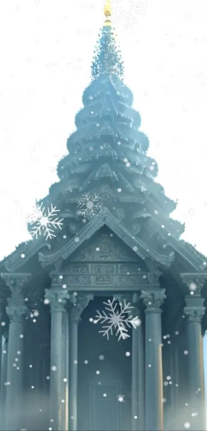 A serene temple with snowflakes falling gently against a light blue sky.