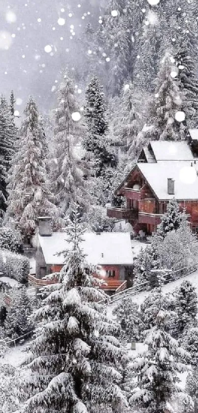 Snowy village with cabins and trees in winter wonderland setting.