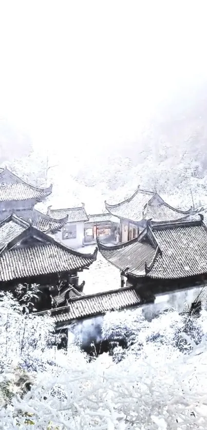 Serene snowy village with traditional Asian architecture.