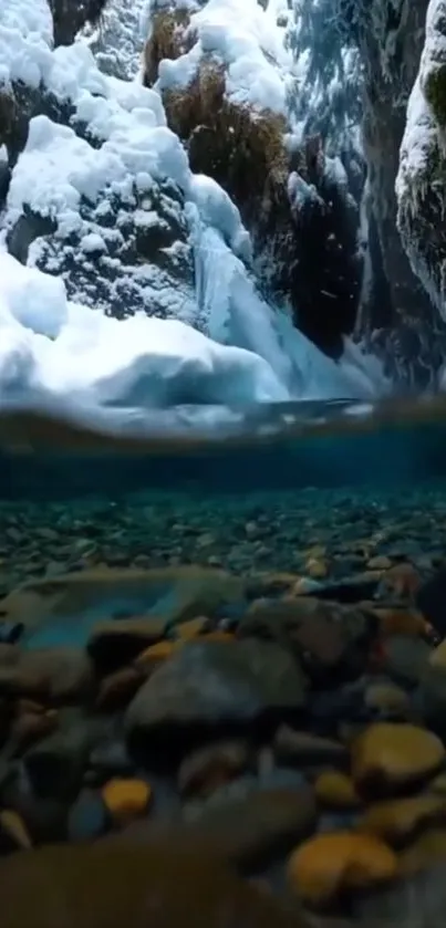 Beautiful snowy waterfall with clear water and rocks landscaping the scene.