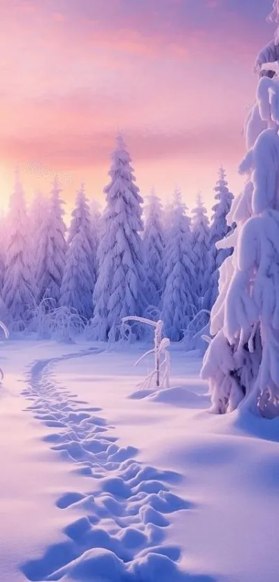 Snowy forest path at sunrise with lavender sky.