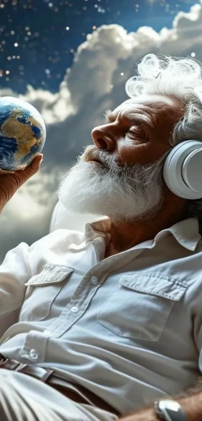 Man wearing headphones, holding Earth, surrounded by stars.