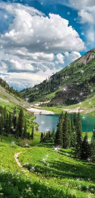 Serene mountain landscape with sparkling lake and green valley.