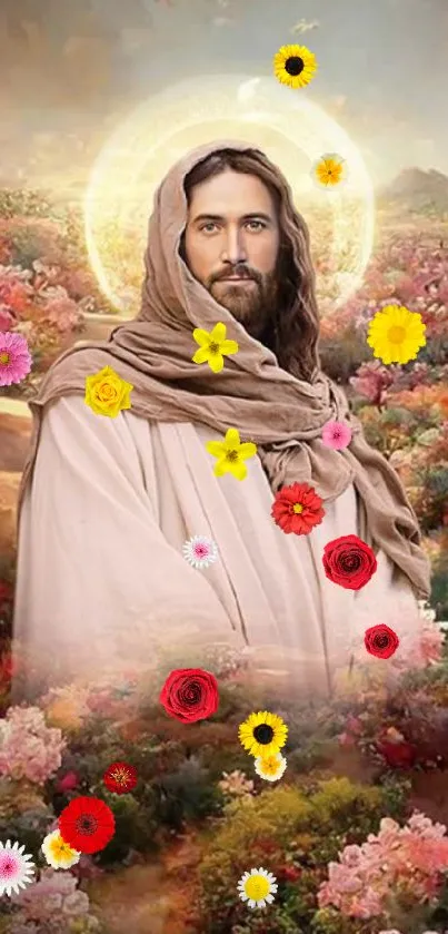 Spiritual figure in a serene flower garden wallpaper.