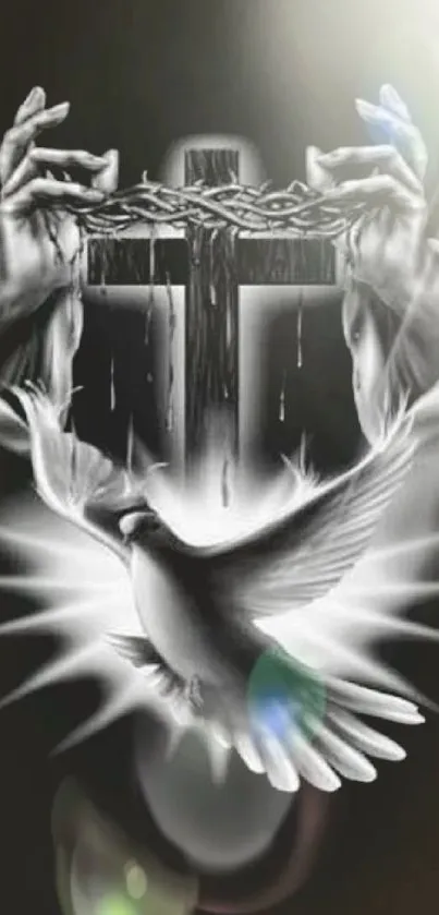 Spiritual wallpaper with cross and dove design for mobile phones.