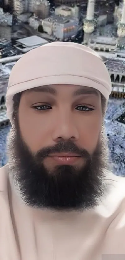 Bearded man with serene expression in front of iconic religious site.