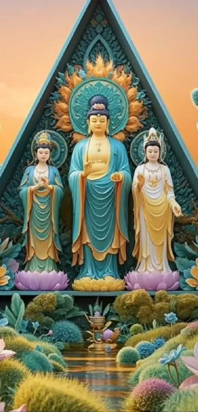 Three spiritual statues in a serene landscape.