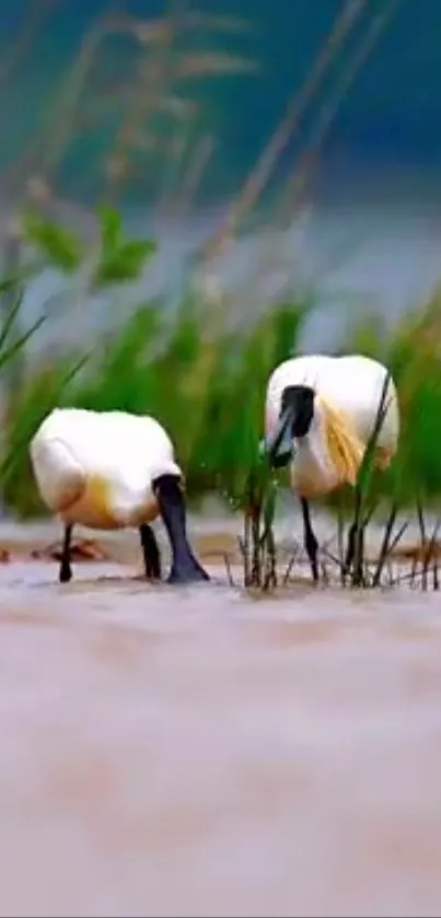 Spoonbills wading peacefully in a serene wetland scene.