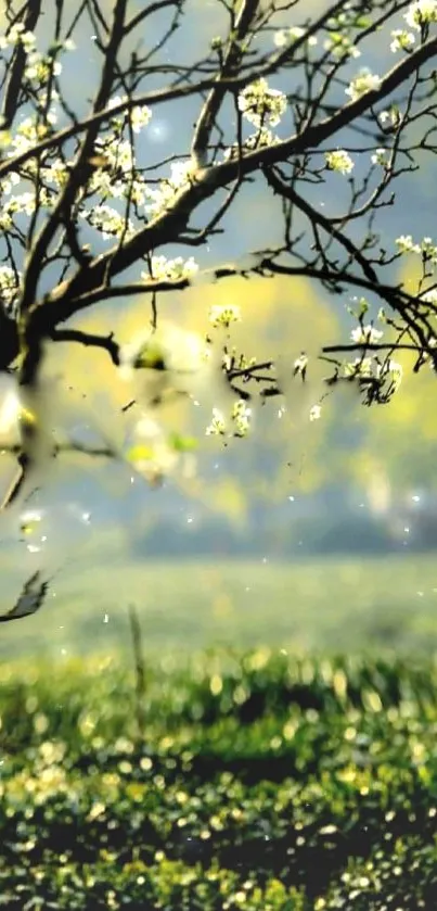 Branches with blossoms against a green landscape background.