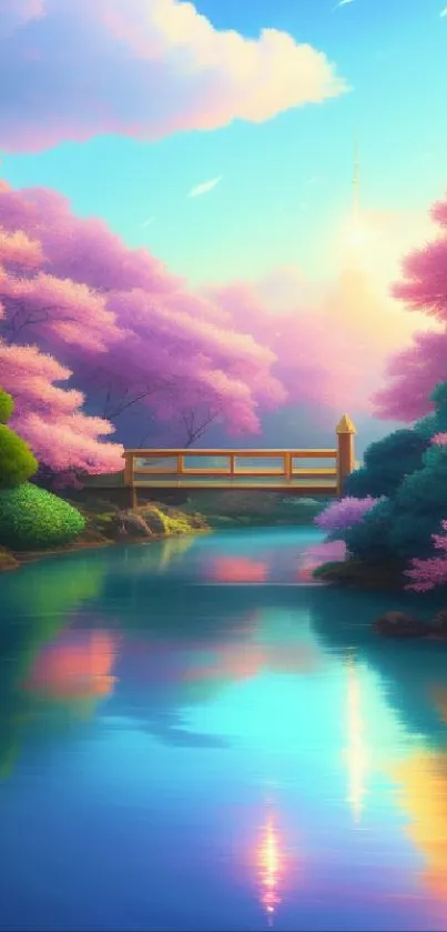 Serene bridge over water with pink cherry blossoms on both sides.