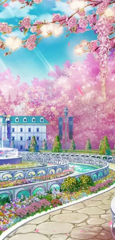 Serene spring garden with cherry blossoms and a fountain.