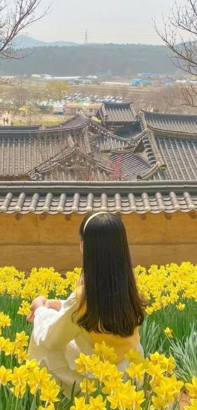 Girl in yellow daffodils, serene garden view.