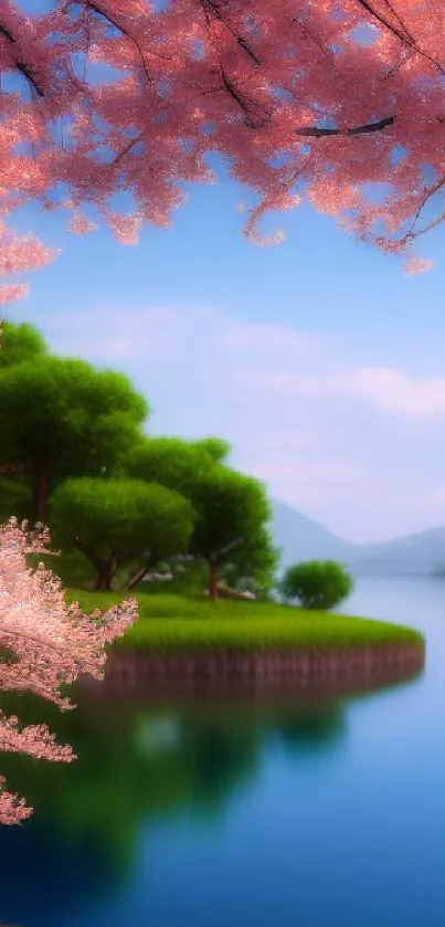 Serene lake with spring blossoms and distant mountains under a blue sky.