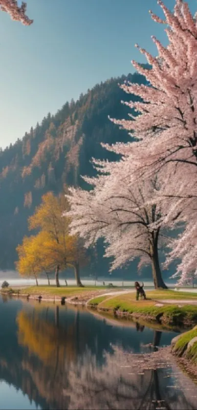 Beautiful cherry blossoms by a tranquil lake, perfect for a calming mobile wallpaper.