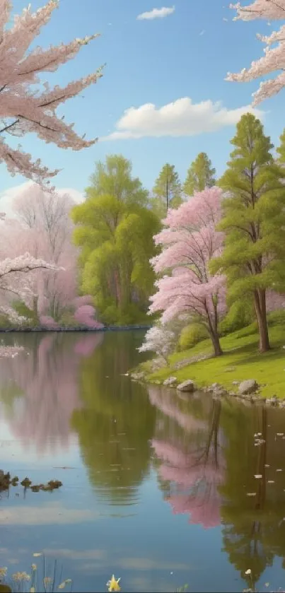 Serene spring landscape with cherry blossoms by a lake.