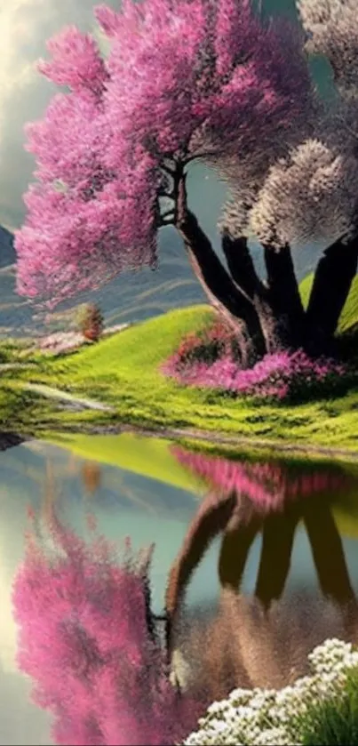 Serene spring landscape with blooming trees and reflective lake.