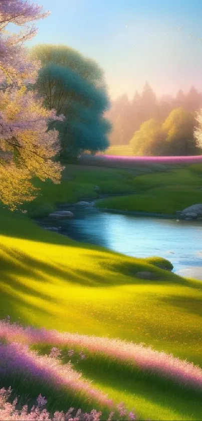 Serene landscape with pink blossoms and a flowing river at sunset.