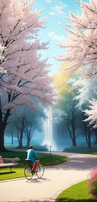 Cyclist rides through cherry blossom park.