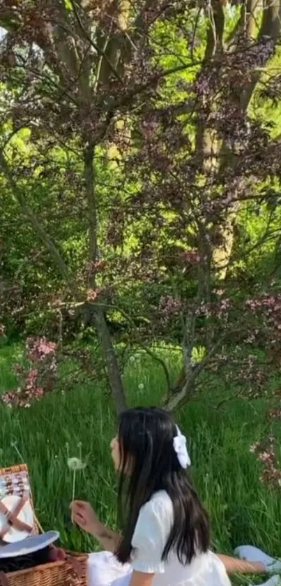 Girl enjoying a picnic under a blossoming tree with lush greenery.