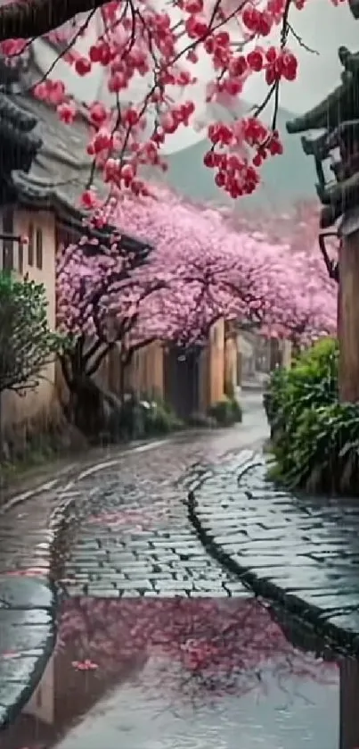 Serene street with cherry blossoms in rain.