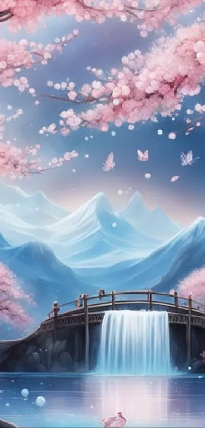 Serene landscape with cherry blossoms, waterfall and mountains.