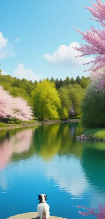 Peaceful lake scene with dog and cherry blossoms under clear blue sky.