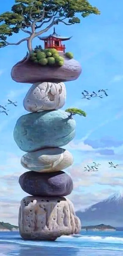 Artistic mobile wallpaper of stacked stones and a pagoda against a blue sky.