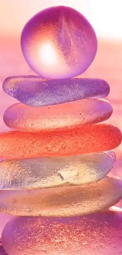 Colorful stacked stones against a serene sunset backdrop.