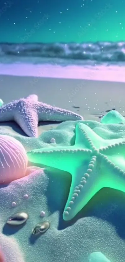 Serene beach with glowing starfish and seashells in soft ocean hues.