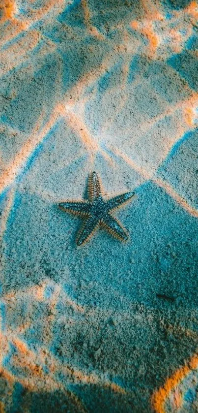 Starfish rests on sandy beach with turquoise and orange hues.