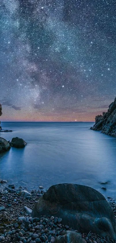 Serene coastal night with a starry sky and ocean view.