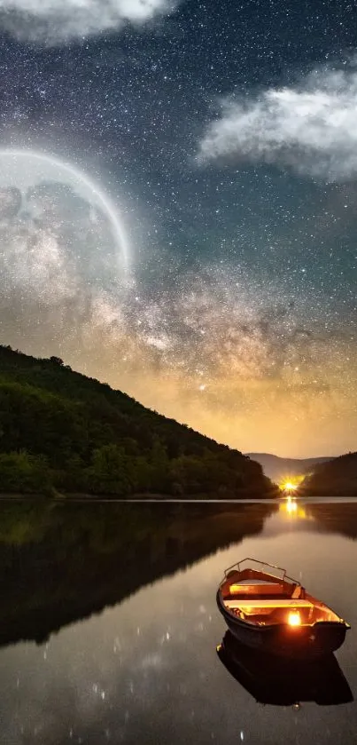 Serene lake with starry sky and illuminated boat under a galaxy view.