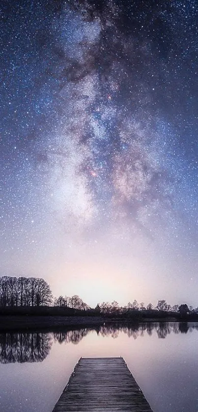 Starry night sky with Milky Way over calm lake