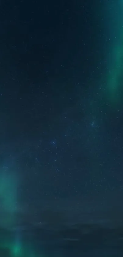 Serene night sky with green auroras glowing.