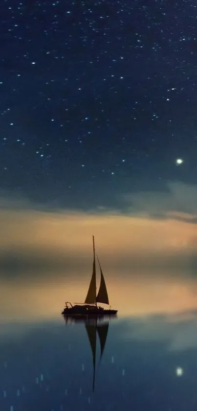 Sailing boat under a starry night sky on calm ocean waters.