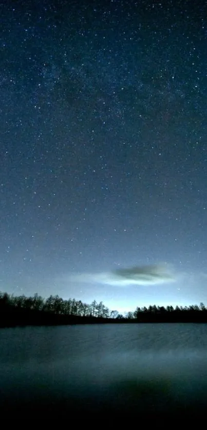 Starry night sky over trees and lake creating a serene mobile wallpaper.