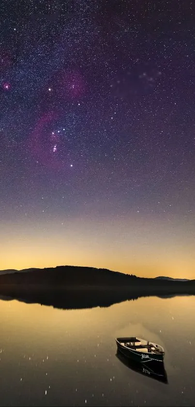 Serene lake with a starry night sky reflection in purple hues.