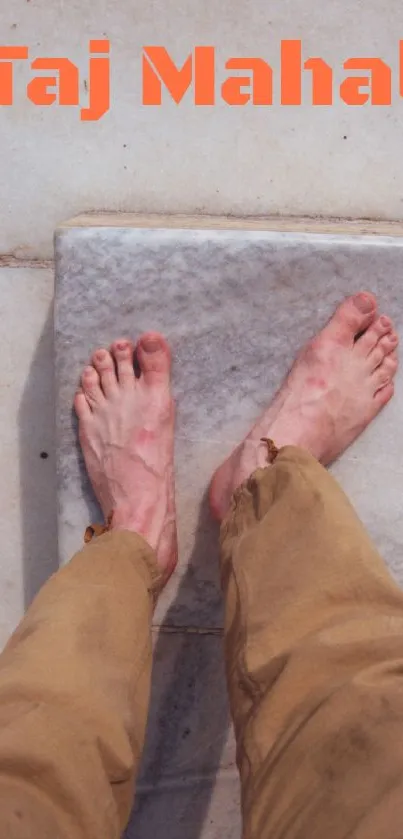 Bare feet on Taj Mahal marble floor with serene ambience.