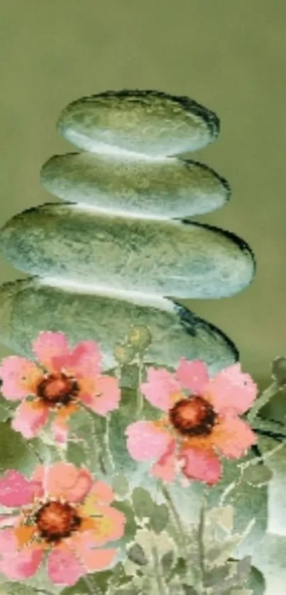 Serene wallpaper with stacked stones and vibrant flowers.