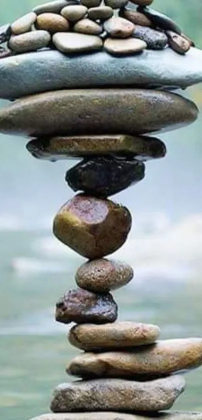 Balanced stones over water creating a serene and tranquil wallpaper.