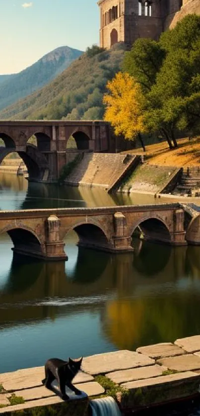 Serene stone bridge over a calm river with lush greenery and reflections.