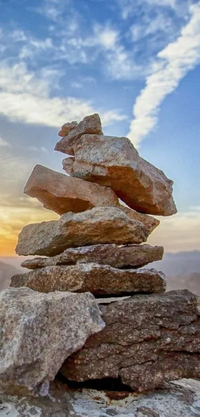 Stacked stones with a sunset sky.