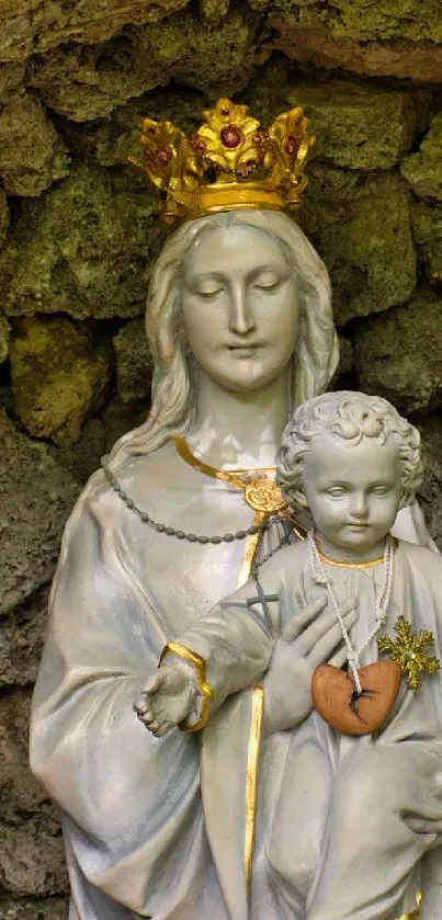 Madonna statue with gold crown amidst lush ivy.