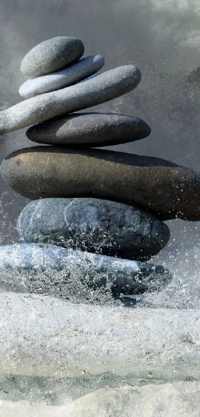 Stacked stones with water backdrop, creating a serene and balanced mobile wallpaper.