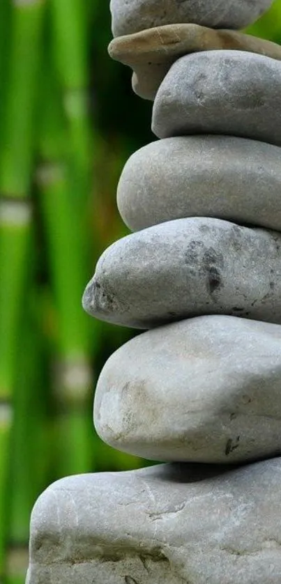 Stack of smooth stones with green bamboo background.