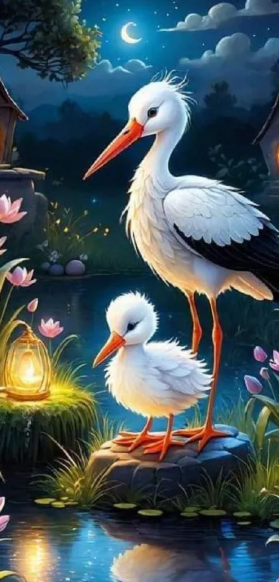 Storks beside a moonlit pond with blooming lotus and lanterns.