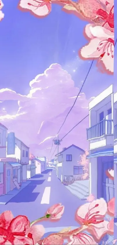 Serene anime street with pastel colors and cherry blossoms.