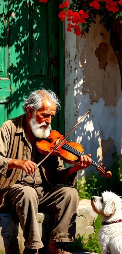 Elderly man playing violin with a dog beside a green door.