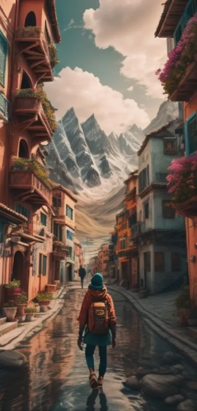 Traveler in a serene street with mountain view, vibrant buildings, and clear sky.