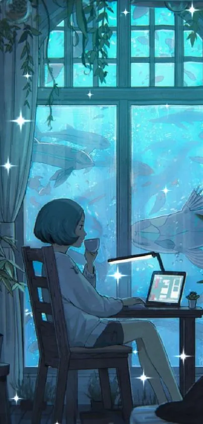 Serene study with underwater view, featuring soft blue tones and imaginative elements.